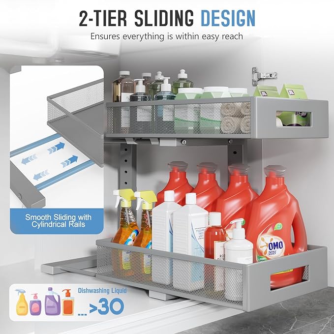 2-Pack Under Sink Organizers And Storage,Large Capacity 2-Tier Pull-Out Cabinet Organizer With Upgraded Tube Rails,Adjustable Height Sliding Drawers,Sturdy Mesh Shelves For Kitchen&Bathroom-Grey-NeatNest