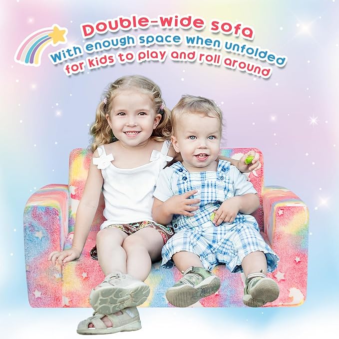 ALIMORDEN Fold Out Toddler Couch, Extra Wide Comfy 2-in-1 Cuddly Sherpa Sofa for Kids, with Removable Baby Friendly Blanket, Convertible Sofa to Bed, Unicorn-NeatNest
