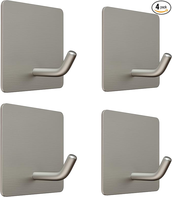 Brushed Nickel Self Adhesive Towel Hooks for Bathroom Wall Door Mounted - SUS304 Stainless Steel Strong Strips Stick on 3M Wall Hooks for Hanging Coat, Hat, Bag, Key, Jacket – 4 Pack-NeatNest