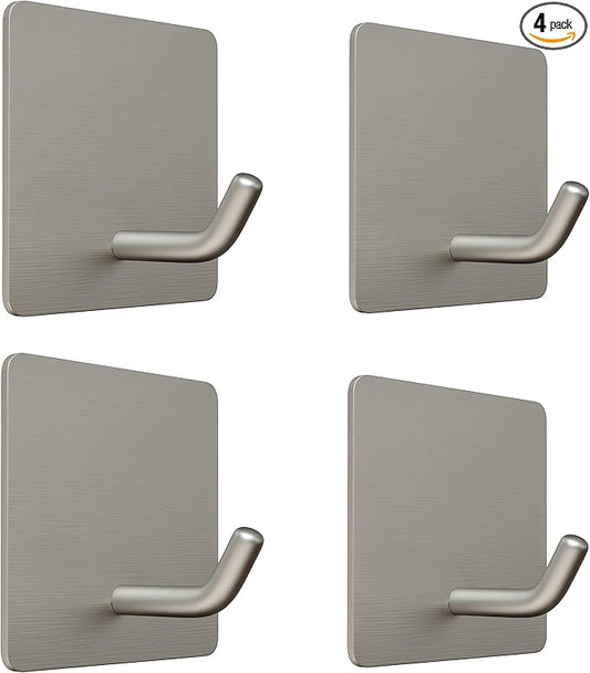 Brushed Nickel Self Adhesive Towel Hooks for Bathroom Wall Door Mounted - SUS304 Stainless Steel Strong Strips Stick on 3M Wall Hooks for Hanging Coat, Hat, Bag, Key, Jacket – 4 Pack-NeatNest