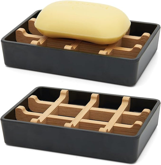 Bamboo Soap Dishes for Shower Wooden Soap Bar Holder for Bathroom Soap Tray Easy to Clean, Durable and with Non-Slip Pads(Two Black Squares)-NeatNest