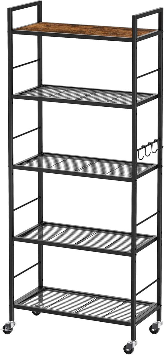 5-Tier Metal Storage Rack with Industrial Wheels,Mesh Shelving Unit with Wooden Table top,Adjustable Shelf,23.6-Inch Width,for Kitchen, Laundry,Pantry,Plant,Black