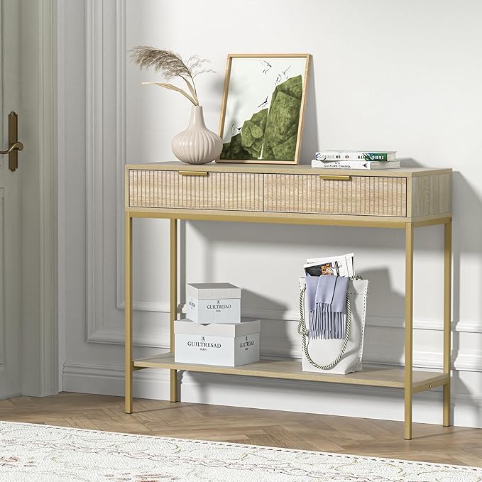 Anmytek Console Table with Storage, Wood Entryway Table with 2 Drawers, Narrow Long Sofa Table Hallway Foyer Table with Storage Shelves Behind Couch Table for Living Room, H0117-NeatNest