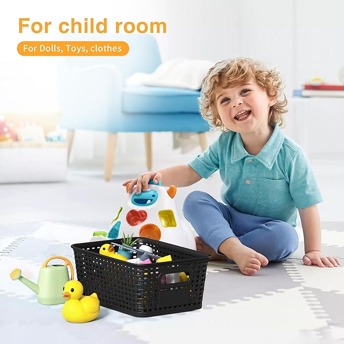 Black Plastic Storage Baskets - Pack of 8 with Labels Stackable Durable Storage Bins, Storage Containers for Organizing Desktops, Closets, Playrooms, Classrooms, Offices-NeatNest