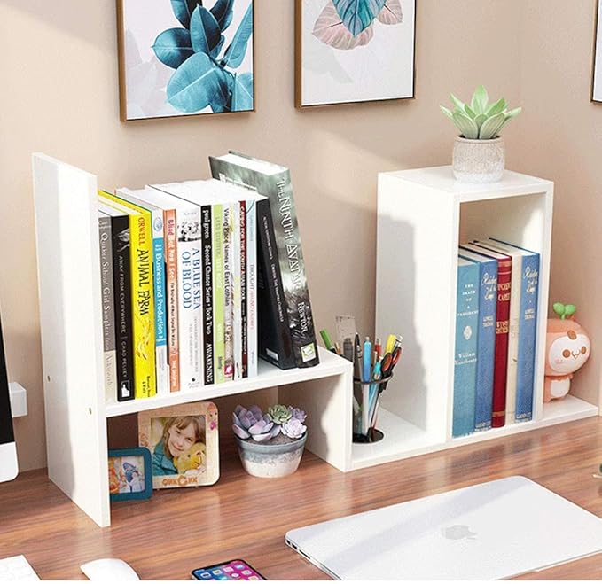Aleiodvn Expandable Wood Desktop Bookshelf,Desktop Organizer Office Storage Rack,Free Style Rotation Display Shelf,Adjustable Desk Hutch Corner Desk Storage Shelf,Desk Top Shelfing,Home Decor(White)-NeatNest