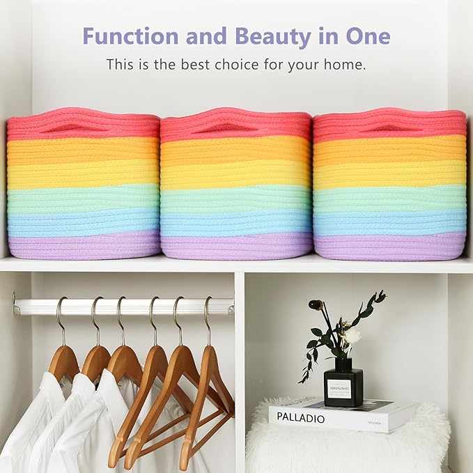 Cotton Rope Storage Basket, 15x10x9 Inches, Woven Basket for Shelves, Clothes, Toys, Towels, Books, and Laundry, Durable and Stylish, Rainbow (1 Pack)-NeatNest