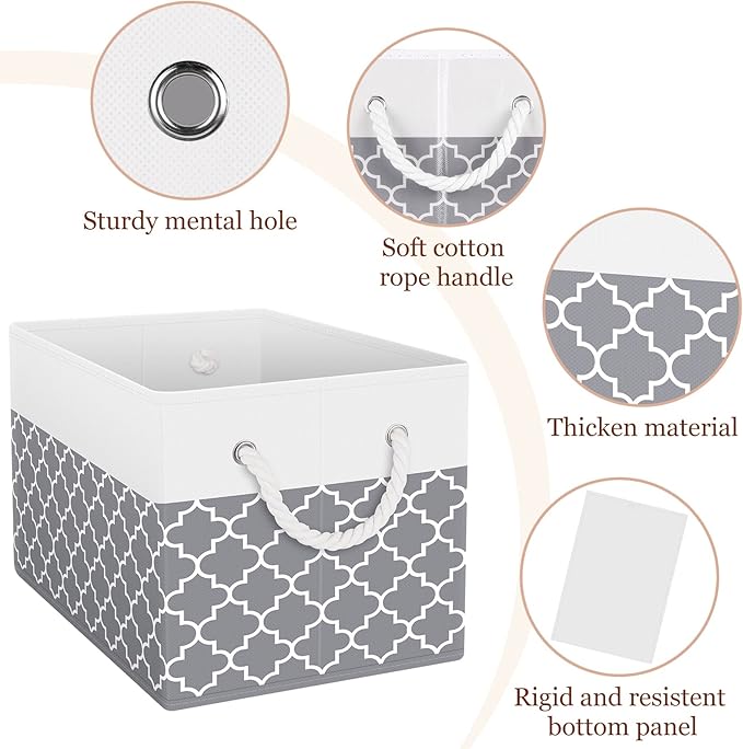 Fab totes Storage Bins [4-Pack], Foldable Storage Baskets for Organizing Toys, Books, Shelves, Closet, Large Storage Box with Rope Handles, Sturdy Organizer Bins,Clover Grey-NeatNest