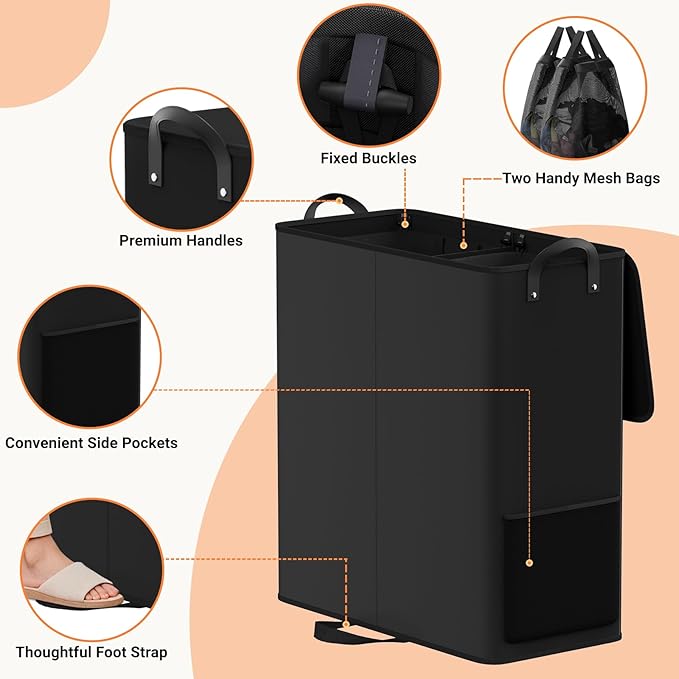 Large Double Laundry Hamper with Lid, Removable Bags & Reinforced Handles, 2 Section Tall Laundry Basket, Dirty Clothes Hampers for Laundry Room, Bedroom, Bathroom, Dorm, 155L, Black-NeatNest