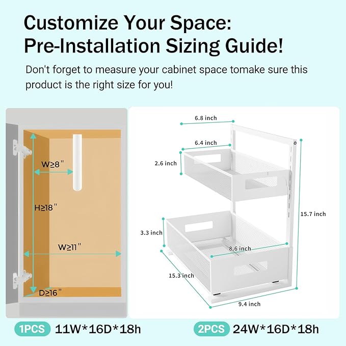 Under Sink Organizer Adjustable Height 2 Tier Bathroom Organizer Pull Out Cabinet Organer kitchen organizers and storage fridge organizers and storage,White,XL-1 Pack-NeatNest