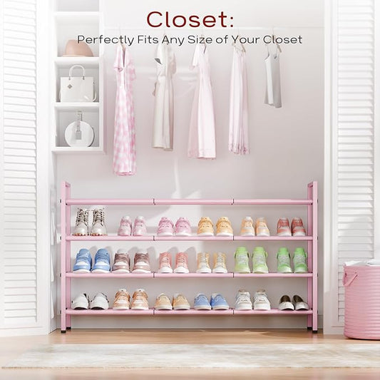 Bumusty 4-Tier Long Expandable Shoe Rack for Closet, 18"-44" Adjustable Shoe Rack for Entryway, 20-24Pairs Large Shoe Organizer Shelf Storage, Sturdy Metal, Black-NeatNest