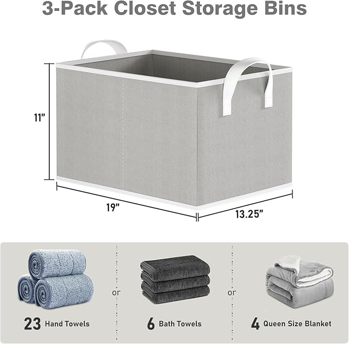 Closet Storage Bins, Fabric Closet Organizers and Storage Basket for Shelves, Collapsible Shelf Baskets for Organizing Shelves, Bedroom Clothes Basket, Gray, 3 Pack-NeatNest