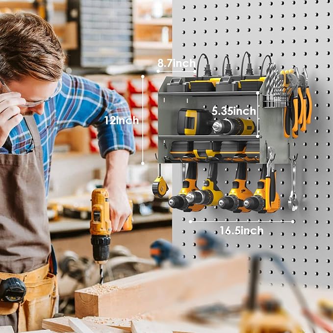 CCCEI Set Power Tool Organizer Wall Mount with Charging Station. Garage 4 Drill Storage Shelf with Hooks, Heavy Duty Metal Tool Battery Charger Organizer. Shop Utility Rack with Power Strip Grey.-NeatNest