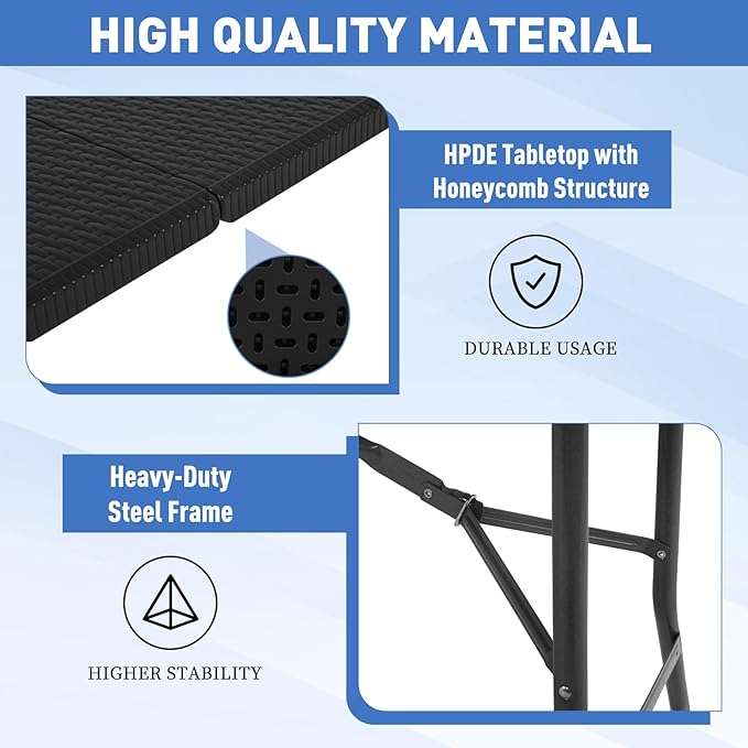 6ft Folding Table, Heavy Duty Foldable Table with Handle, Portable Fold-in-Half Utility Tables for Indoor & Outdoor Use Perfect for Camping BBQ Party Wedding Market Events, Black Ratten-NeatNest