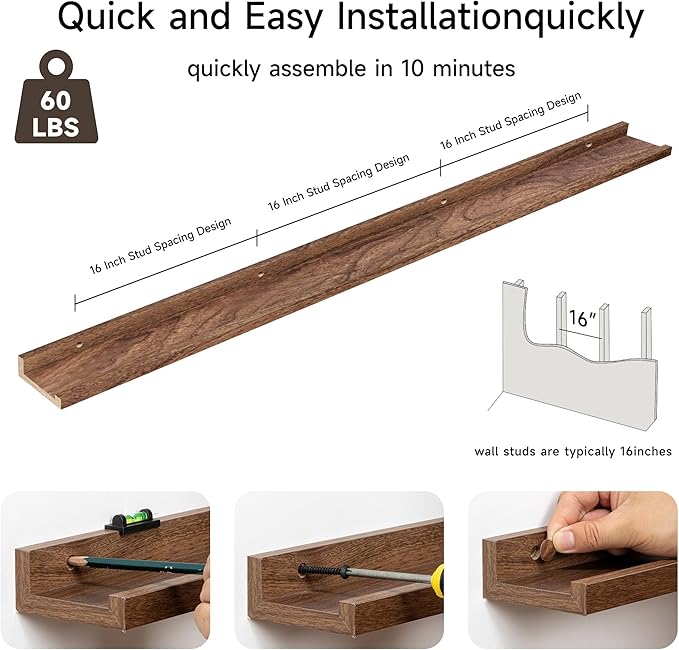 Floating Picture Ledge Shelves for Wall Set of 2, 72 Inches Picture Ledge Shelf with Long Large Nursery Book Shelf for Toys Storage Kids Bookshelf Wall Mounted Living Room Bedroom Decor Frames, Walnut-NeatNest