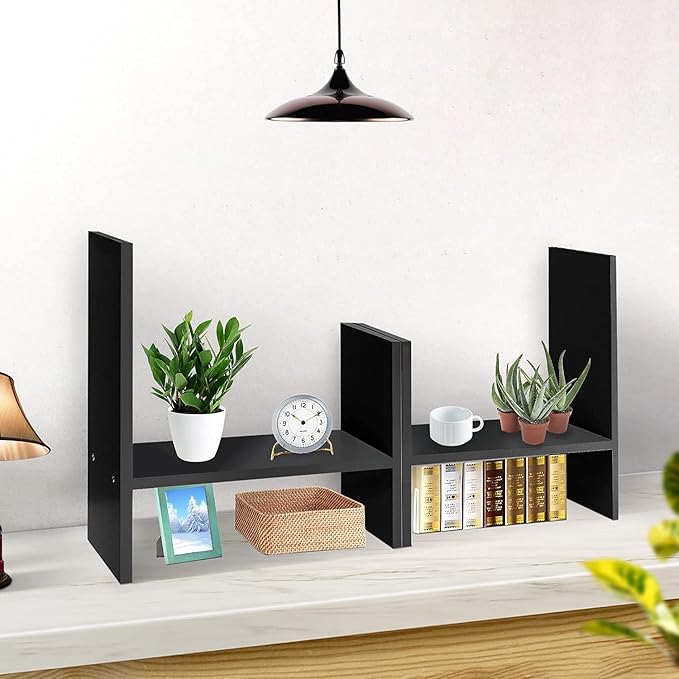 J.M.Deco Desktop Organizers and Storage for Office, Adjustable Desktop Organizer Shelf Double H Display, True Natural Stand Shelf, Black-NeatNest