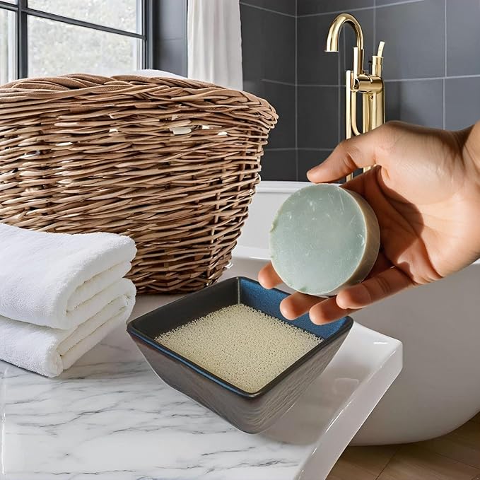 Ceramic Soap Dish, Vonpri Soap Holder Tray, Non-Slip Square Soapbox Container for Handmade Bar Bathroom Sink, Countertop, Shower Stone Texture (Black)-NeatNest