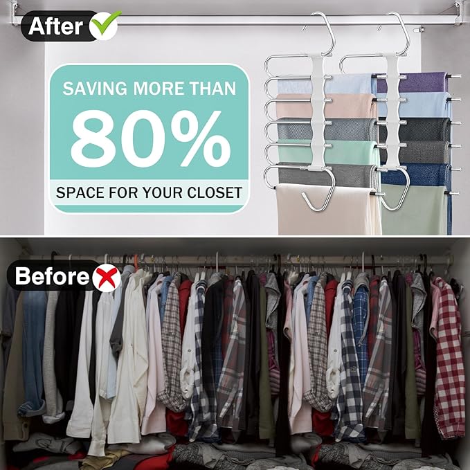 Upgrade 6 Layers Pants Hangers Space Saving, 2Pack Stainless Steel Multifunctional Rack Non Slip S-Type Clothes Jean Hanger Closet Organizer for Jeans Leggings Trousers Skirts Scarf, White-NeatNest