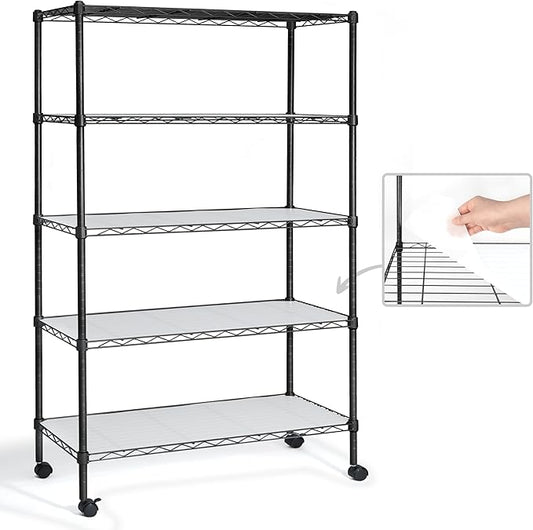 CAPHAUS NSF Adjustable Height Wire Shelving Unit w/Liner, Basement Storage Shelving, Metal Steel Storage Shelves, Garage Shelving Storage Organizer, Utility Shelf, 5-Tier W/Wheels W/Liners, Black-NeatNest