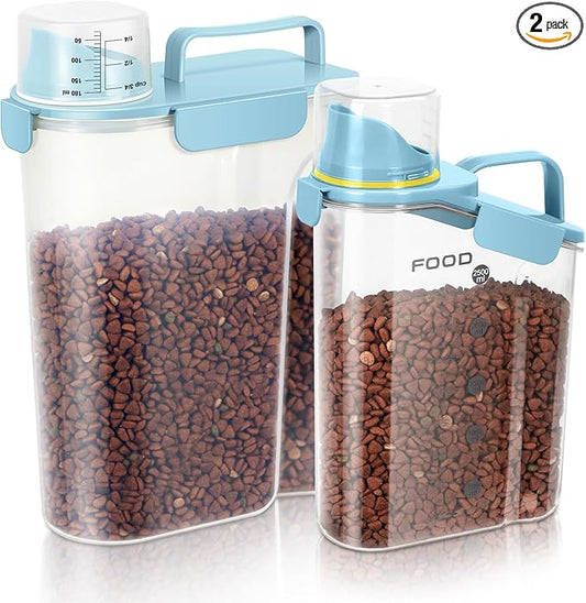 Dog Food Storage Container, Upgraded Large Nozzle BPA-free, 8-12 LBS Plastic Pet Food Storage Containers, With 4 Sealed Clasps, 1 Measuring Cup and Handle (2, Natural Blue (3L+5L), (3L+5L))-NeatNest