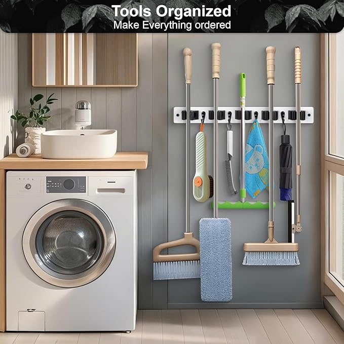 Broom Holder Wall Mount With 5 Slots & 4 Hooks，Rustic Wood Broom & Mop Hanger，Wall Mounted Garden & Garage Tool Storage Organizer Rack for Closet Laundry Room or Kitchen Wall Decor White-NeatNest