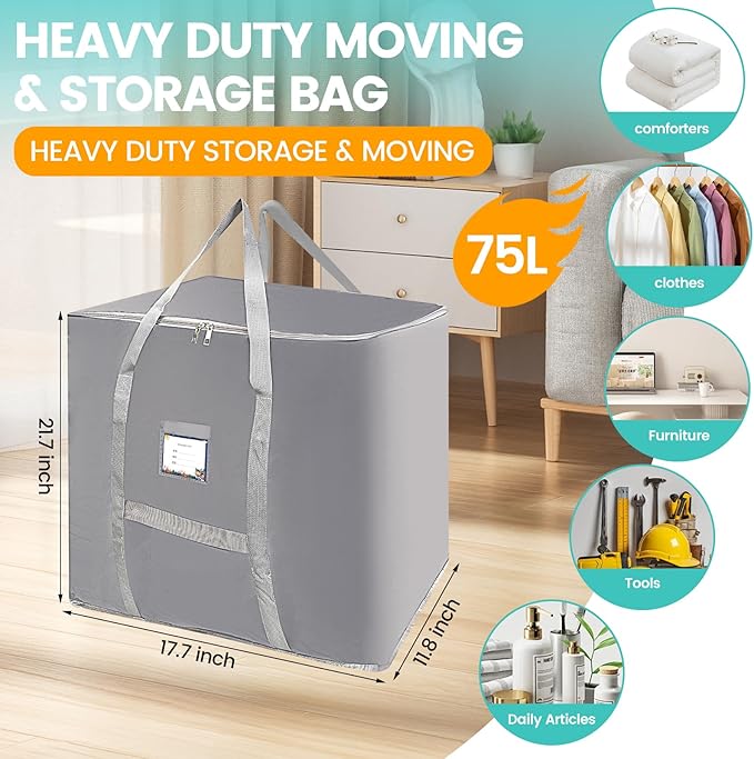 3 Pack Heavy Duty Moving Bags, Large Tote Bags, Space Saving, for Storage & Moving, with Reinforced Handles & Sturdy Zippers (Grey)