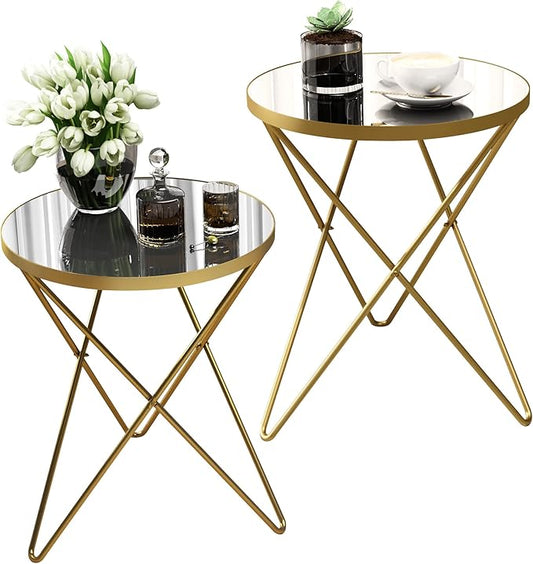 HLR Modern Round Side Table Set of 2, End Table with Marble Effect Top and Gold Metal Frame, Small Side Table for Living Room, Bedroom, Sofa and Couch, Gold Legs, Mirror top