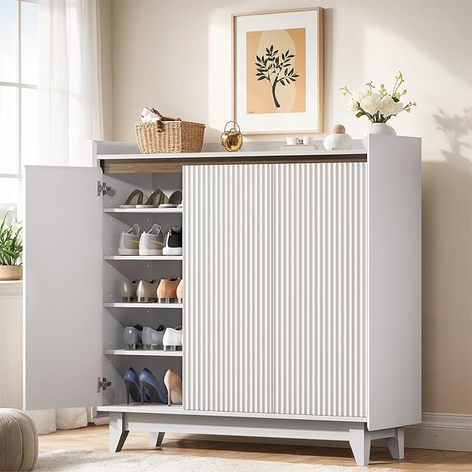 Large Shoe Storage Cabinet Set of 2, 43.7" Tall Shoe Cabinet, Fluted White Shoe Storage for Entryway, 6-Tier Farmhouse Boho Freestanding Shoe Rack Organizer for Foyer, Hallway-NeatNest