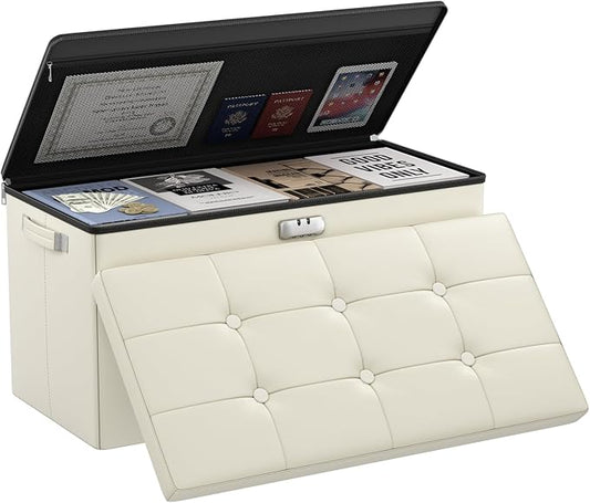 DocSafe Storage Ottoman Bench with Lock,Fireproof 30 Inches Folding Bench Foot Rest Stool Storage Chest Safe for Living Room,Bedroom,Home Office,Waterproof Leather Ottoman with Handles,Beige-NeatNest