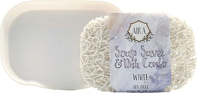 Aira Soap Saver - Dish & Holder Accessory - USA Made - BPA Free Shower & Bath Holder - Drains Water, Circulates Air, Extends Soap Life - Fits All Dish Sets - White Combo-NeatNest