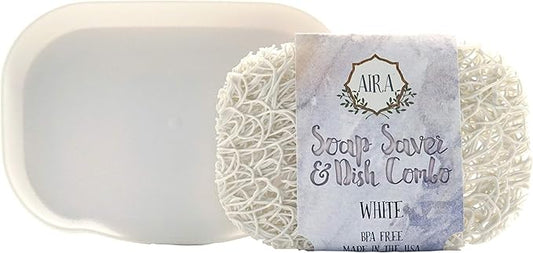 Aira Soap Saver - Dish & Holder Accessory - USA Made - BPA Free Shower & Bath Holder - Drains Water, Circulates Air, Extends Soap Life - Fits All Dish Sets - White Combo-NeatNest
