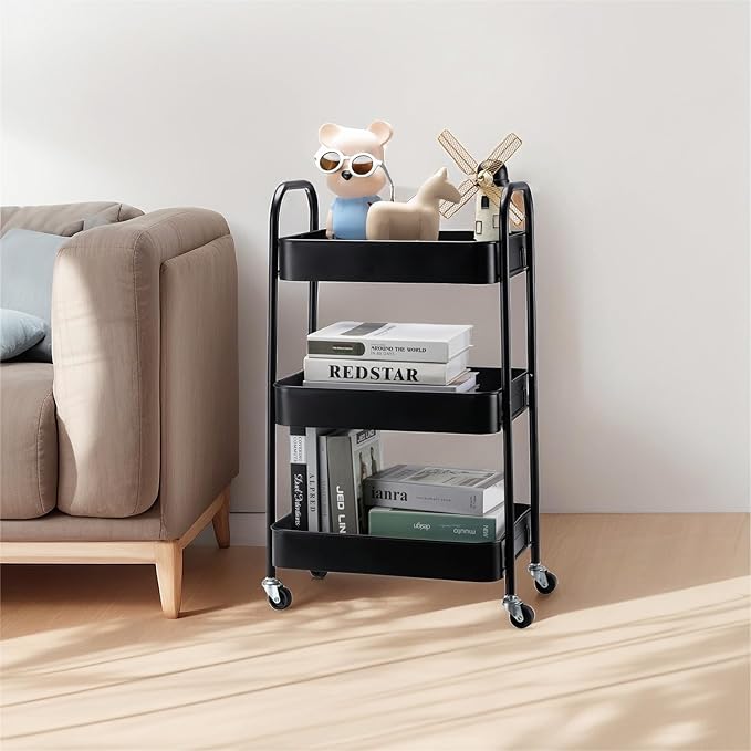 SETTFRFE 3 Tier Rolling Cart Metal,File and Art Cart with Wheels,Storage Shelf Organizer Cart for Bathroom,Office,Kitchen,Black-NeatNest