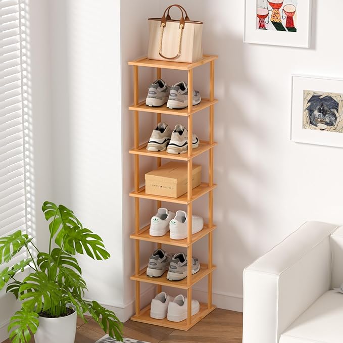 Bamboo Free Standing Shoe Rack Shelf Multi Tier Tall Wooden Stackable Shoes Rack Organizer for Closet Front Door Entrance Narrow Vertical Shoe Storage Rack for Corner Stand (Bamboo, 7 Tiers)-NeatNest