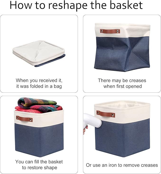 Univivi Fabric Cube Bins Set of 4 Storage Baskets with PU Handles for Home Closet Foldable Storage Bins (Blue, 10.5" x 10.5" x 11")-NeatNest