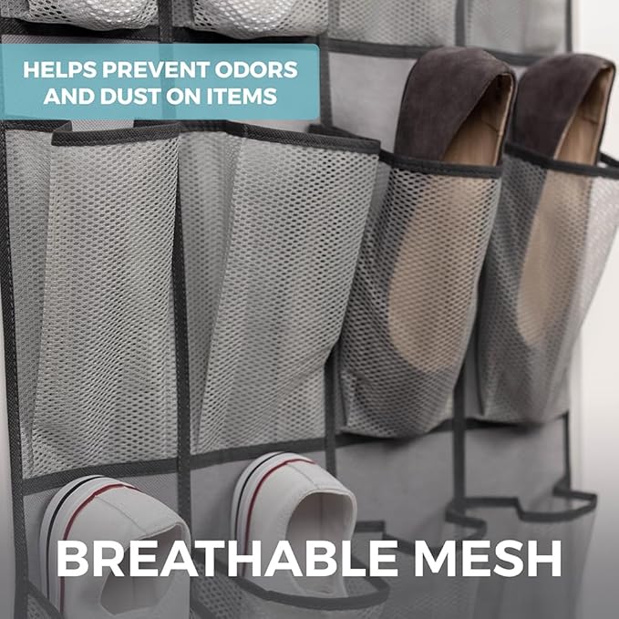 HOME GENIE Over the Door Hanging Shoe Organizer, 24 Breathable Mesh Pockets, Closet Rack Storage Holder, Stay in Place Hooks Hang on Closets, Hanger Holds Up to 40 lbs for Shoes, Accessories, Gray-NeatNest