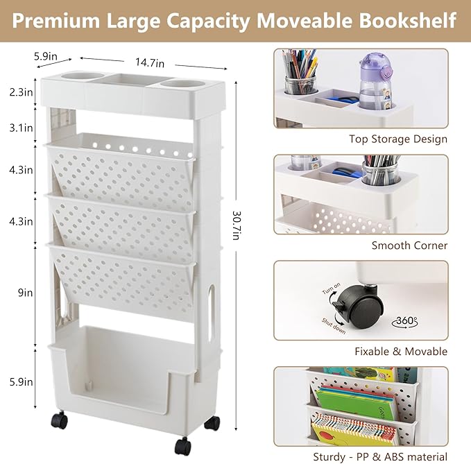 CINPIUK White Rolling Office Paper Organizer, Mobile Book Cart Document Folder File Storage with Pen Holder, Slim Rolling Storage Cart Movable Bookshelf for Office, Dorm, Classroom, Nursery-NeatNest