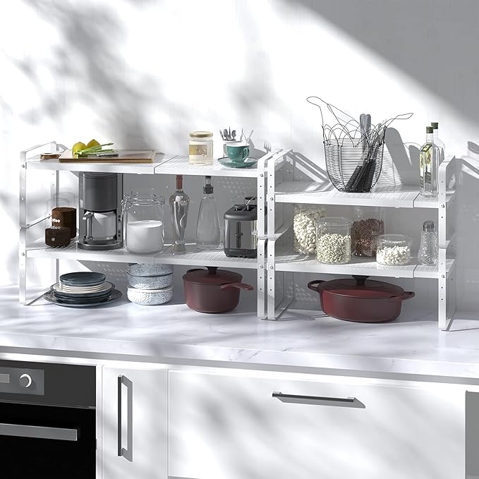 Expandable Kitchen Cabinet Shelf Organizer Rack Heavy Duty Metal Spice Rack Stackable Kitchen Counter Storage Shelf for Kitchen Cabinet Pantry Bathroom (White - 16.5"-27" L x 10.2" W x 9.6" H - 3Pack)-NeatNest
