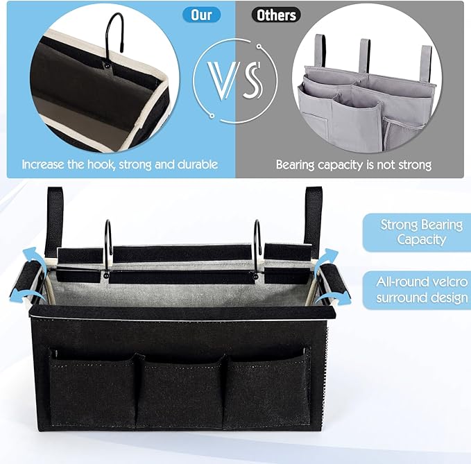 Bedside Storage Caddy/Bedside Hanging Storage Bag for Headboards Bunk Beds Dorm Rooms Book Phone Magazine Holder (New Black)-NeatNest