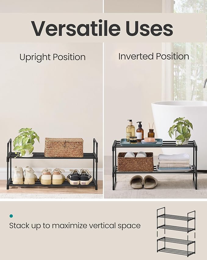 SONGMICS Shoe Rack, 2-Tier Shoe Organizer, Metal Storage Shelf, Upright or Upside Down, for 6-9 Pairs, Stackable, for Entryway, 11.8 x 26.8 x 13.2 Inches, Black ULSA202B01-NeatNest