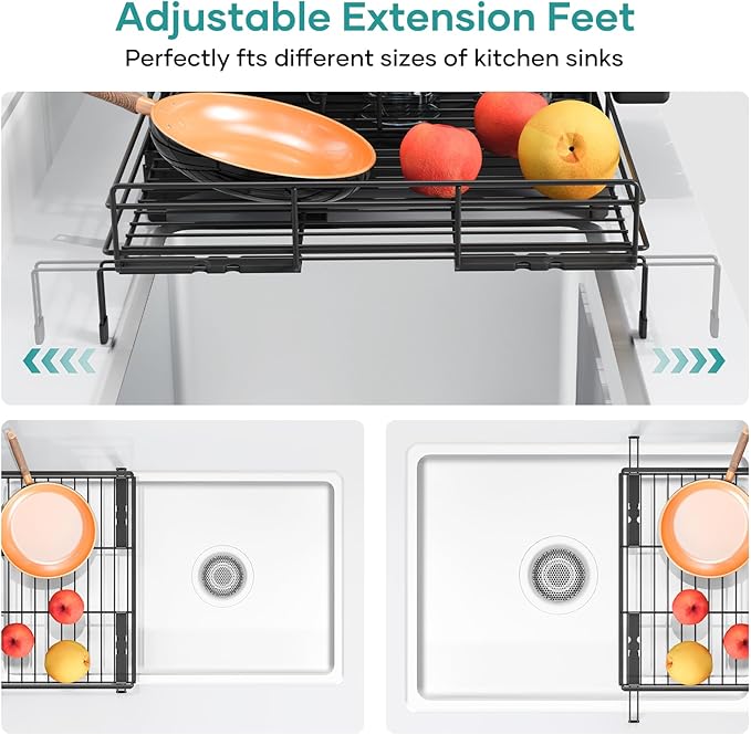 Dish Drying Rack for Kitchen Counter, Extendable Dish Rack with Drainboard, Kitchen Countertop 2 Tier Dish Drying Rack, Expandable Dish Strainer with Cutlery Holder, Removable Cutlery Holder（Black）