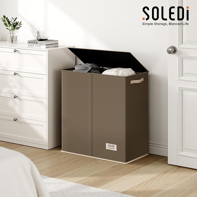 SOLEDI Large Double Laundry Hamper with Lid, Collapsible Clothes Hamper 2 section with Removable Bags, Space-Saving Laundry Basket for Bedroom, Dorm, College-NeatNest