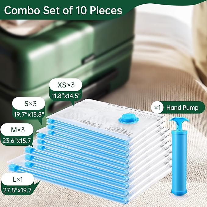 BRODI Travel Vacuum Bags With Pump - Compression Storage Bags for Space Saving & Luggage Essentials (10 Combo Pack)-NeatNest