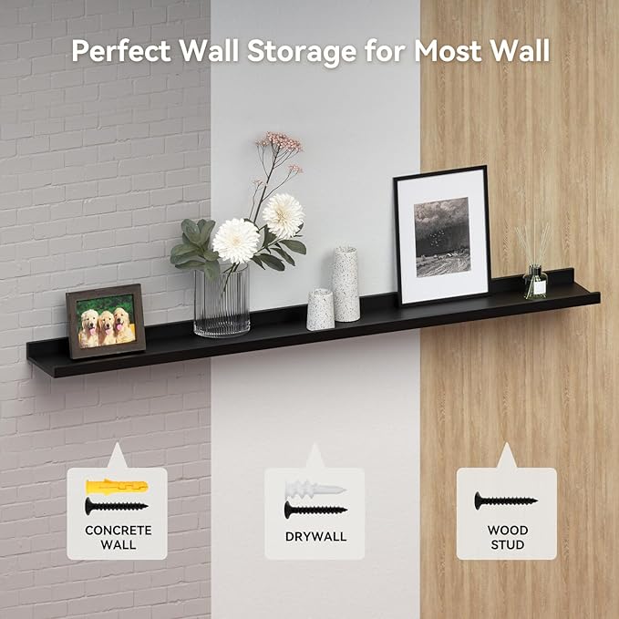 47.2 Inches Long Floating Shelves Wall Mounted, 2 Set Modern Wall Shelf for Bedroom, Nursery Book Shelf with Lip, Picture Ledge Shelf for Wall Decor Living Room Bathroom Kitchen - Black-NeatNest