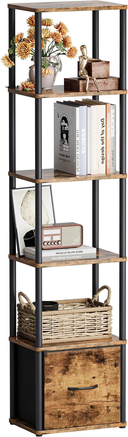 6-Tier Bookshelf with Drawer,Narrow Bookshelves Organizer,Floor Standing Ladder Shelf,Tall Bookcase for Small Space,Book shelf with Storage for Living Room, Bedroom, Office, Study Rustic Brown HBC505R