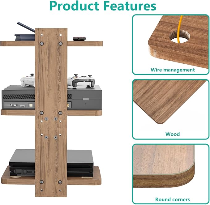 WALI Floating TV Shelves for Wall, Projector Shelf Holds Up to 22lbs, Wooden Wall Mounted Shelves for DVD Players, Cable Boxes,Game Consoles, Living Room Decor Accessories (CS303N), 3 Shelf, Wood