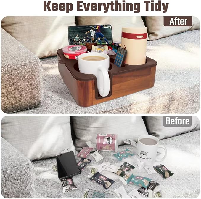 Couch Cup Holder Tray, Real Acacia Wooden Caddy with Soft Silicone, Snack and Drink Organizer- Perfect Movie Night Accessories for Bed, Remote and Cup Holders for Sofa (Coffee)-NeatNest