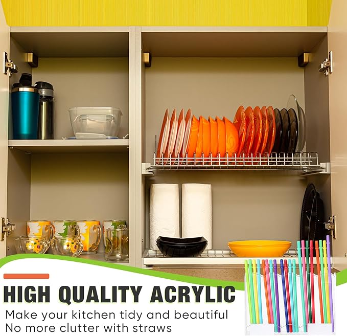 Acrylic Straw Holder for Cabinet Door with Double Sided Adhesive Tape Reusable Straw Organizer Tumbler Storage Kitchen Accessories Container for Counter Cupboard (Wave,Large,Clear)