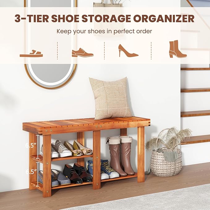 Tangkula 3-Tier Shoes Rack Bench, Entryway Storage Bench Shoes Organizer with Seat, Shoe Shelf for Boots, Acacia Wood Bench for Hallway, Bathroom, Living Room, Corridor Garden-NeatNest