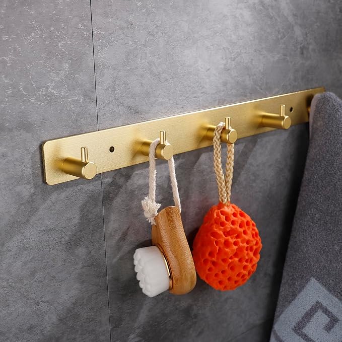 Gold 5 Wall Hooks, Brushed Gold Bathroom Hook Rail, Self Adhesive 5 Hooks Key Hook Rack Hanger Towel Robe Stick Hooks for Toilet Entryway Hallway Kitchen Wall Mounted