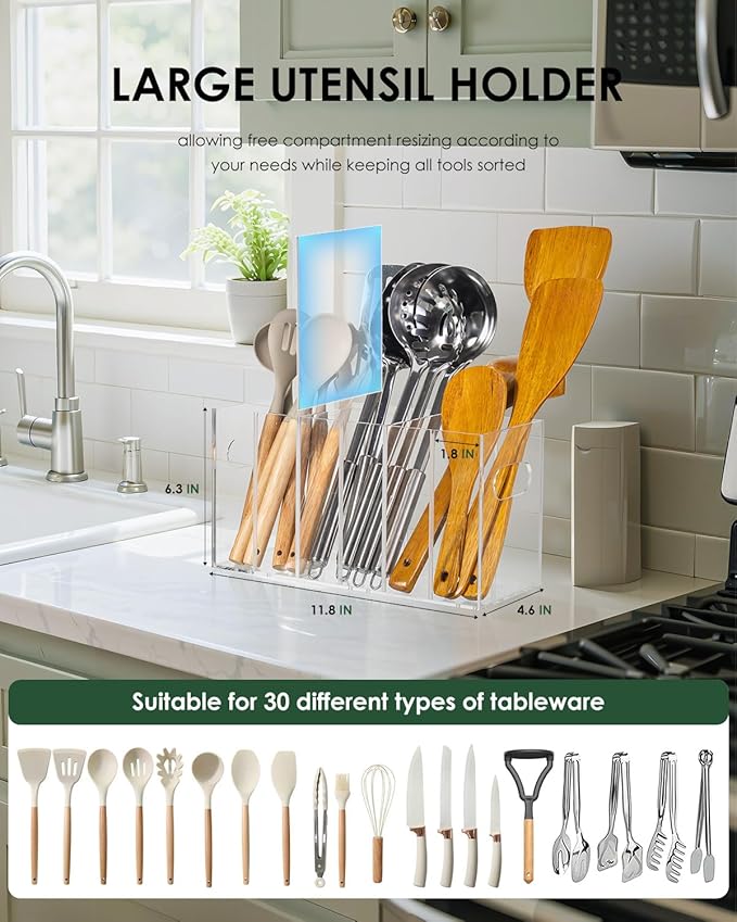 HAYVAN Clear Acrylic Utensil Holder for Kitchen Counter - Space-saving Organizer with 3 Adjustable Dividers - Easy to Use & Clean, Utensil Caddy for Kitchen Storage & Decor