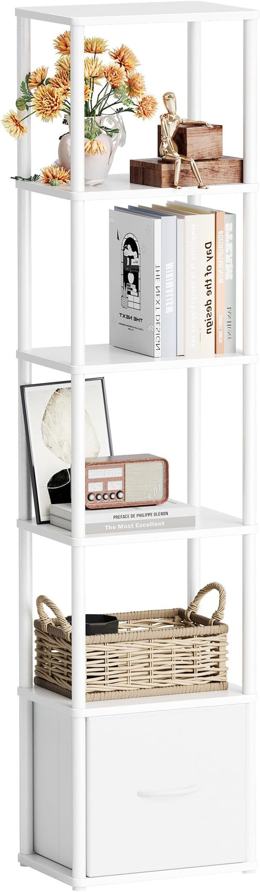 6-Tier Bookshelf with Drawer,Narrow Bookshelves Organizer,Floor Standing Ladder Shelf,Tall Bookcase for Small Space,Book shelf with Storage for Living Room, Bedroom, Office, Study White HBC505W